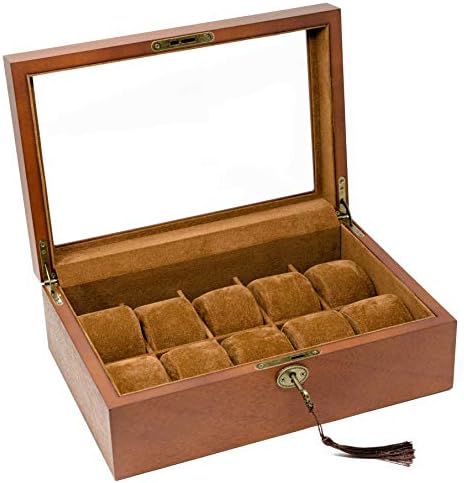 Caddy Bay Collection Vintage Wood Watch Display Storage Case Chest with Glass Top Holds 10+ Watches with Adjustable Soft Pillows and High Depth for Larger Watches