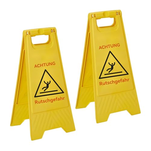 Relaxdays Achtung Rutschgefahr Aufsteller, 2er Set, klappbar, beidseitig beschriftet, Kunststoff, Warnschild, gelb