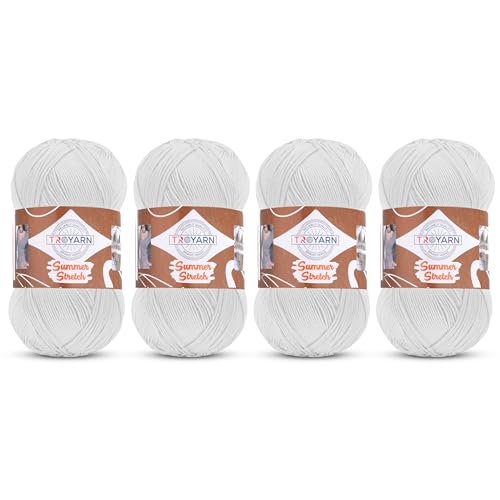 Troyarn Summer Stretch (4-Skeins Pack) Silky Effect Hand Knitting Crochet 100% Elastic Microfiber Acrylic Bikini Mayokini Pareo Short Blouse Clothes Yarn 4x100gr(4x438 yds)(11455-White)