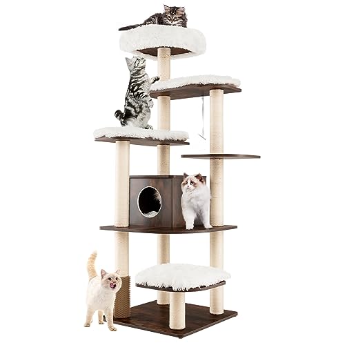 COSTWAY Tiragraffi per Gatti Adulti, Albero per Gatti con Cuccia, Piattaforma, Cuscini e Tiragraffi, Albero Tiragraffi per Animali Domestici Grandi Alto in Legno, 60 x 60 x 160 cm