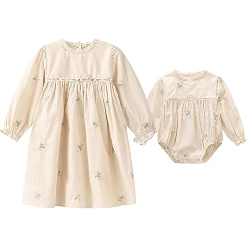 TIBE PINCESS Sisters Matching Outfits Little Girls Embroidered Flower Long Sleeve Fall Dress Toddler Baby Rompers Size 12-18 Months Cover