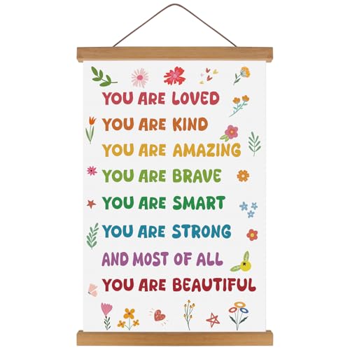KAIRNE Positive Affirmations Wall Decor For Kids You Are Kind Smart Poster Hanger Frame Inspirational Wall Art Canvas Boho Flower Hanging Inspirational Banner Decor for Classroom Nursery Playroom
