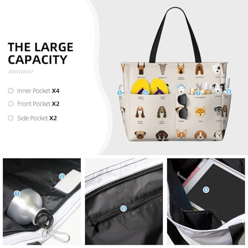 FLYIFE Bedruckte Strandtasche mit Hundemotiv, große Kapazität, Schultertasche für Damen, mit 7 Taschen, faltbar, Schwarz , Einheitsgröße