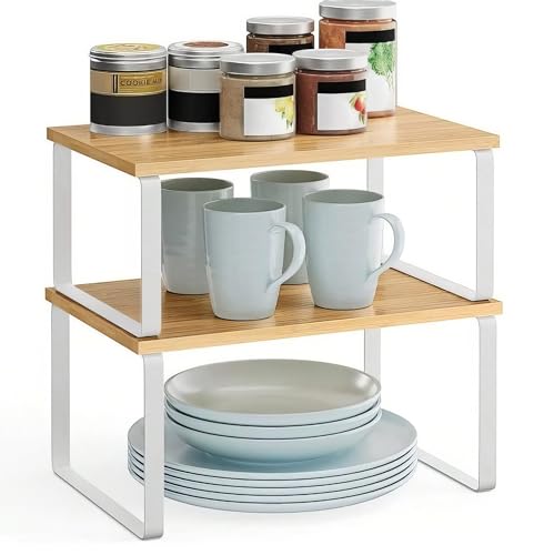 Image of Decorlay Metal & Wooden Free Standing Shelf Organizer Bathroom Kitchen Counter Top Shelves, Spice Rack for Pantry Dressing Cabinet Office Table Area (White + Beech)
