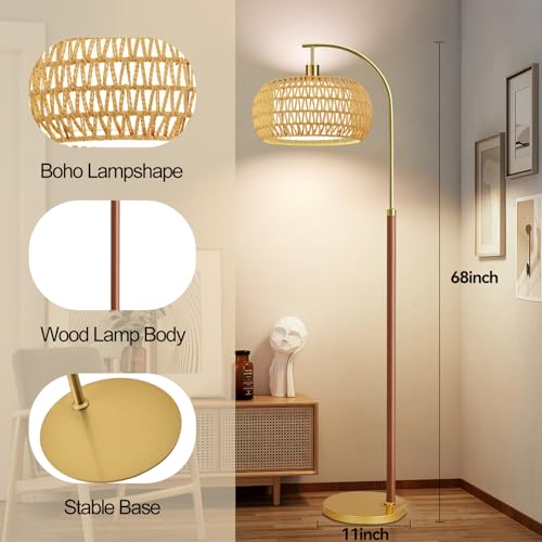 Image of Wood Arc Floor Lamps for Living Room,Boho Rattan Floor Lamp with Remote Control & 3 Color Temperatures,Dimmable Mid Century Modern Standing Lamp Farmhouse Vintage Tall Floor Lamp For Bedroom Corner