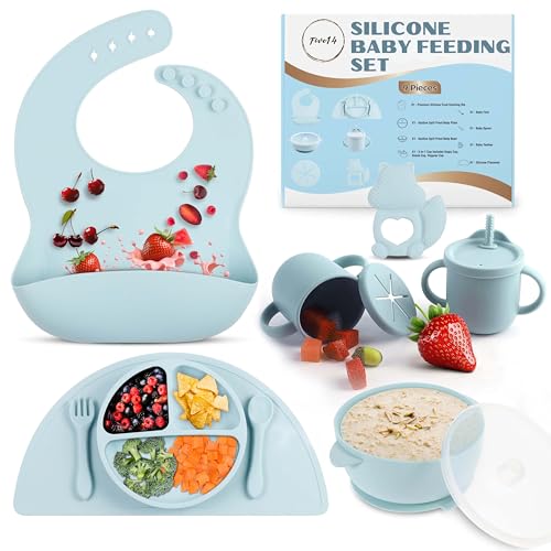 Image of FIVE14 Silicone Baby Feeding Set - Toddler Plates, Bowls, Utensils, Suction Plates, Spill-Proof Sippy Cup, Soft Bib, Blue, 9-Piece