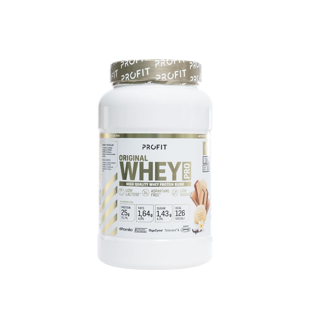 PROFIT - Concentrado de proteína de suero de leche - Calidad Promiko - Alto en BCAA, glutamina y aminoácidos esenciales. Con enzimas digestivas - Sabor oblea de vainilla - 1000 gr = 30 servicios