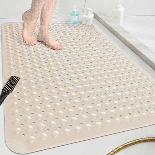 OTHWAY Extra Large Shower Mat 47'x 32', TPE Non Slip Shower Mat for Shower Stall, Inside Walk in Shower Mats with Drain Holes Suction Cups, Anti-Slip for Elderly Kids (Apricot)