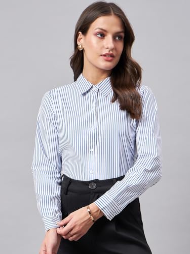 Image of Style Quotient Women Self Design Stripe Blue and White Polycotton Formal Shirt