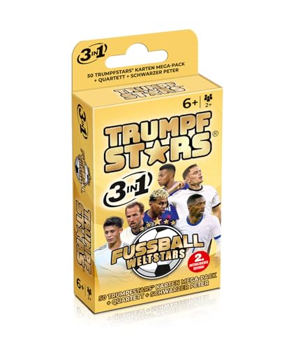 TRUMPFSTARS Fußball Weltstars Kartenspiel 3 in 1 Trumpf Quartett Schwarzer Peter 50 Karten Mega Pack Fußball Stars Karten Spiel ab 6 Jahre für 2 oder mehr Spieler plastikfreie Verpackung