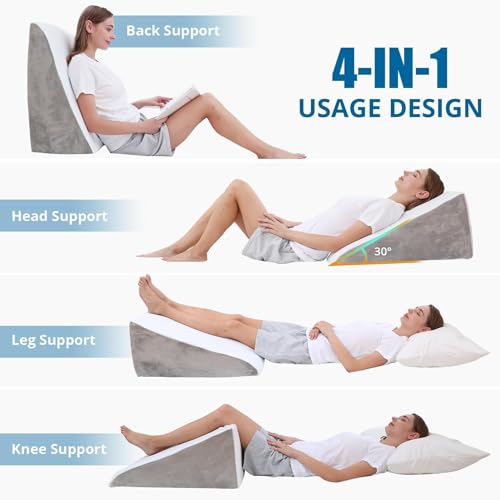 Image of Sasttie Wedge Pillow 24x24x12 inch, Memory Foam Bed Wedge, Light Grey | Triangle Pillow for Sleeping, Acid Reflux, Back Pain, Post-Surgery, and Snoring, Designed with Removable Washable Cover