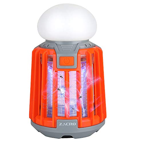 Zacro Camping Lantern & Mosquito Killer Tent Lamp 2 in 1, Bug Zapper Camping Lamp with 2000 mAh Rechargeable Battery, Portable and IPX6 Waterproof, Retractable Hook and Removable Lampshade