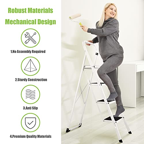 Soctone Step Ladder 4 Step Folding with Anti-Slip Pedal, Lightweight 4 Step Ladder with Handrails, 330 lbs Capacity Perfect for Kitchen & Household, White