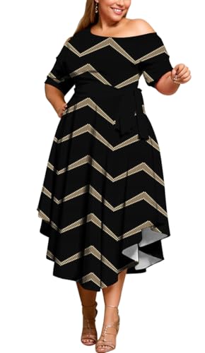 Image of Plus Size Women Wedding Guest Dress Off Shoulder Boat Neck Irregularly Flowy Midi Church Dress