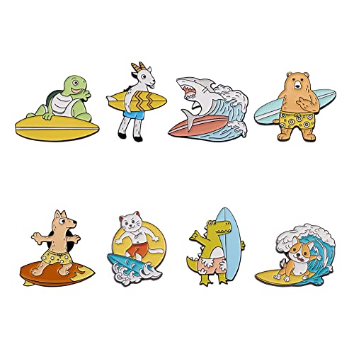 Image of Cheriswelry 8Pcs Animal Theme Enamel Pins Cartoon Bear Goat Turtle Dog with Surboard Lapel Pins Cute Animal Brooch Pins 23-31mm for Clothes Bags Backpack Hats Decoration