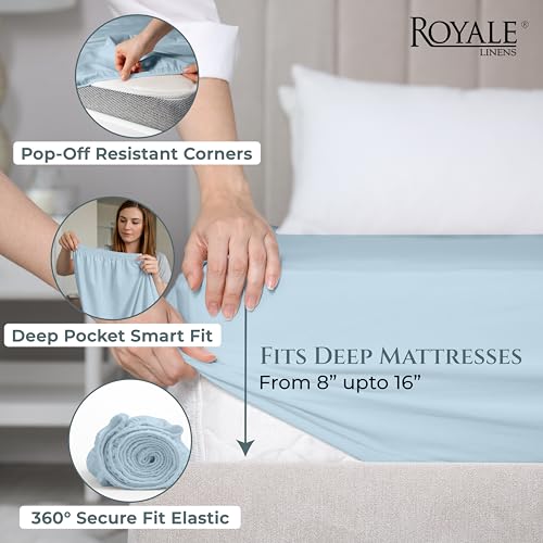Image of Royale Linens 400 Thread Count Full Fitted Sheet Only - 100% Cotton Full Bed Fitted Sheet - Luxury Sateen Weave - Elastic Deep Pocket Fitted Sheet - Soft Bottom Sheets - Fit Up To 16 inch (Caribbean Blue)