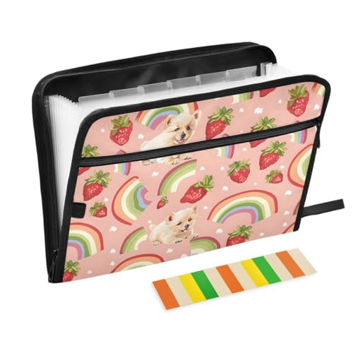 ALAZA Strawberry Puppy Dog Rainbow Blossom Expandable Filing Folder Storage Organiser Box Files, 13 Pockets Zip Filing Folders for Home or Office Documents