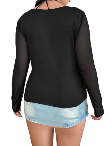 SHENHE Women's Plus Size Halter Tops Criss Cross Mesh Sleeves Sexy Going Out Tops Club Outfits2