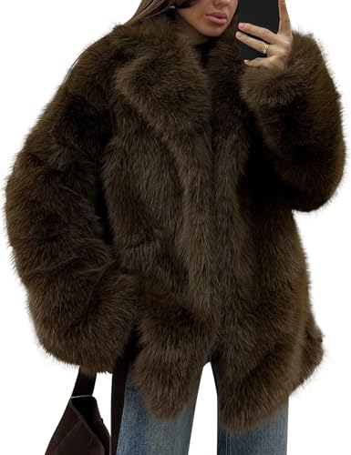 Kissonic Women's Faux Fur Coat Long Sleeve Lapel Shaggy Winter Jacket Luxury Warm Furry Open Front Outerwear Brown