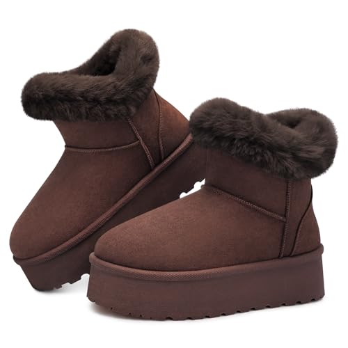 SHIBEVER Women's Snow Boots Winter: Suede Fur Lined Waterproof Anti-Slip Furry Platform Women Ankle Snow Boots Tan Size 9