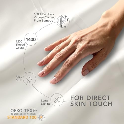 EPITEX Solid 4 Piece Queen Sheet Set - Viscose Derived from Bamboo, 1400 Thread Count, Breathable and Cooling Bed Sheets Set, Luxurious Silky Bedding for Hot Sleeper, Deep Pocket Up to 16'', Beige - Thumbnail 2