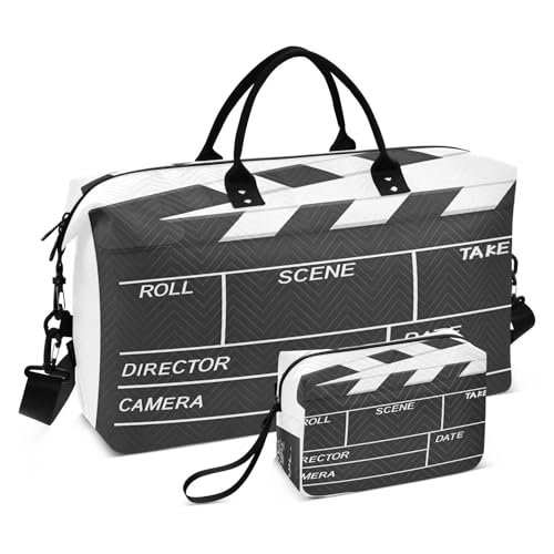 Blank Cinema Movie Clapboard Large Travel Duffle Bag Weekender Overnight Bags Gym Yoga Bag for Women Men with Toiletry Bag