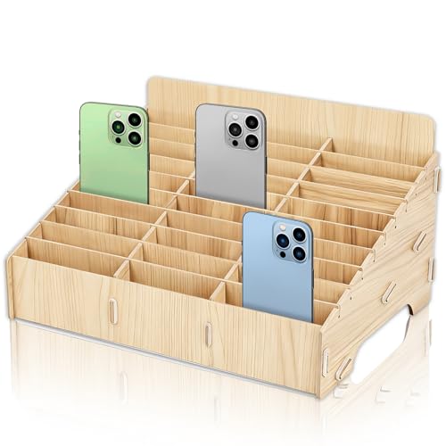 Leikurvo 30 Gitter Handygarage Schule Holz Handy Aufbewahrungsbox Mit Fächern Multi-Grid-Telefonbox Handy-Desktop-Organizer für Klassen Zimmer Büro Tagungsraum (Wood Color)