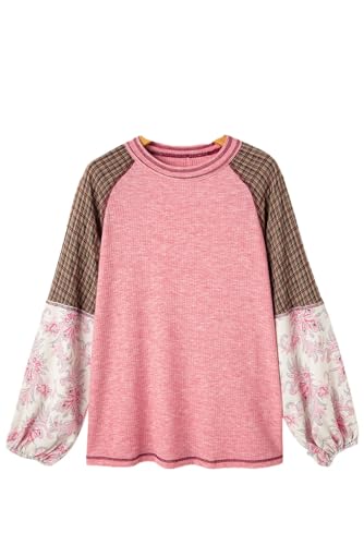 Women's Fushia Mixed Print Patchwork Raglan Ribbed Knit Top