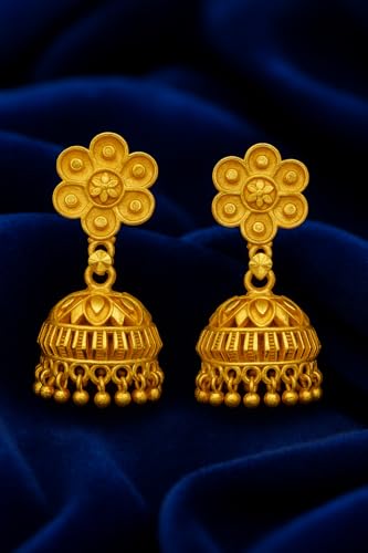 Image of DEW MAT Traditional Gold Plated Jhumka & Floral Dangler Earrings for Women & Girls | Lightweight Ethnic Temple Style Indian Drop Earrings | Festive & Wedding Fashion Jewellery | Gold Tone
