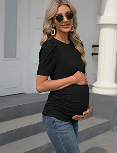 Funjuly Maternity Shirts Women's Knit Ribbed Round Neck Puff Short Sleeve T-Shirt Pregnancy Casual Side Ruched Tunic Tee Tops Black L #TOP3