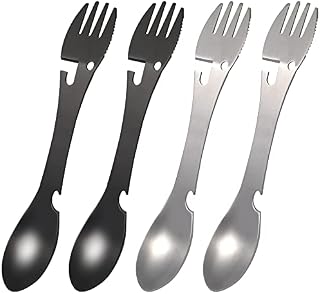 VENGABY 4pcs Camping Spork, Travel Camping Cutlery Set, 5 in 1 Functional Stainless Steel Spork Spoon Bottle Opener Utensil for Travel Camping Cutlery, Easy to Store Travel Eating Tool (Black+Silver)
