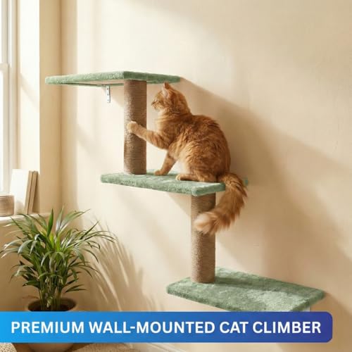 Image of Wall-Mounted Cat Climber, Multi-Level Cat Tree with Jute Scratching Posts, Grey Plush Platforms, Space-Saving Corner Design (30X35X14 INCH) FURR-158 (Green)