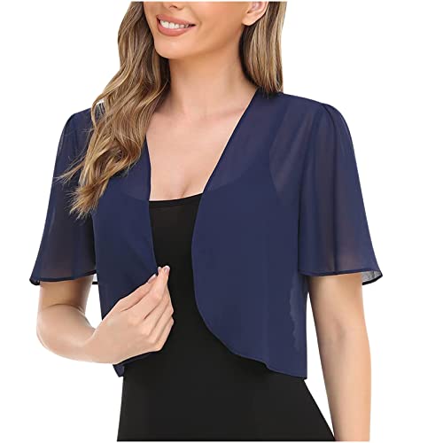 OVARA Womens Bolero Shrugs Summer Open Front Chiffon Cardigan Short Sleeve Sheer Shrug Cardigans Ladies Cropped Dressy Tops for Dresses Wedding Evening