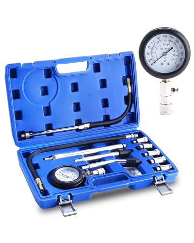 BOOMSTART 11-Piece Compression Tester Kit – Compression Gauge for Cars and Motorcycles – Engine Compression Test Tool – M10 M12 M14 M16 M18 Adapters – 0–20 bar & 0–300 psi