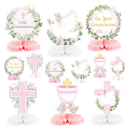 Goiern 12 Piezas De Paneles De Panal para Celebración De Primera Comunión Rosa Cruz De Bautizo Decoración Religiosa De Mesa Accesorios Fotográficos Fiesta para Bebés Niño
