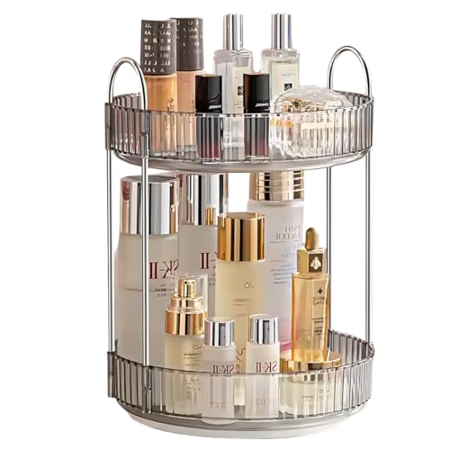 360° Rotating Makeup Organizer Box - Cosmetic Storage with Drawers, Plastic Makeup Holder Stand for Dressing Table, Lipsticks, Nail Polishes & Accessories (Light Gray, 2 Layer)
