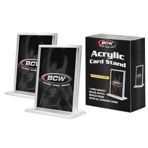 BCW Vertical Acrylic Card Stand (2 Count) | Clear Acrylic Business Card Holder for Trading Cards & Business Cards | Stable Base, Beveled Edges, Crystal Clear Display for Desk or Display Case