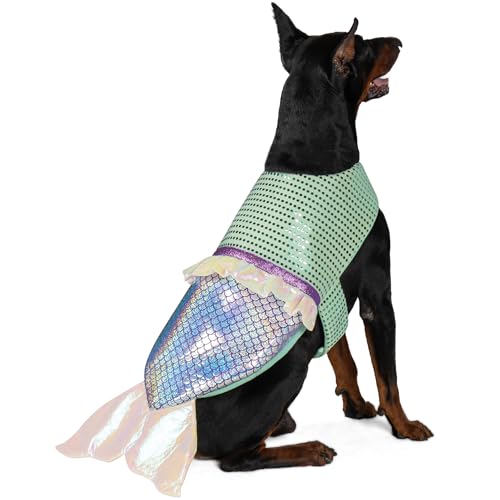 cyeollo Large Dog Costume Mermaid Dog Halloween Costumes Holiday Outfit for Big Dogs Pet Birthday Party Sparkly Clothes, Size XL
