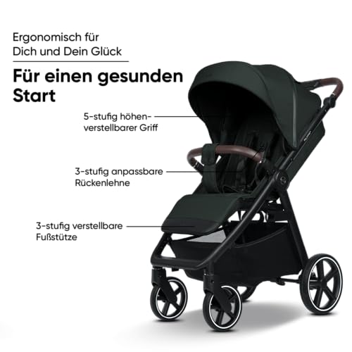 my junior® PLIA² | großer Komfortbuggy mit Luftkammerreifen, Einhand-Faltmechanismus, einstellbare Federung, XXL-Einkaufskorb & -Verdeck, Belüftung, inkl. Getränkehalter + Tragegurt (Pine Forest)