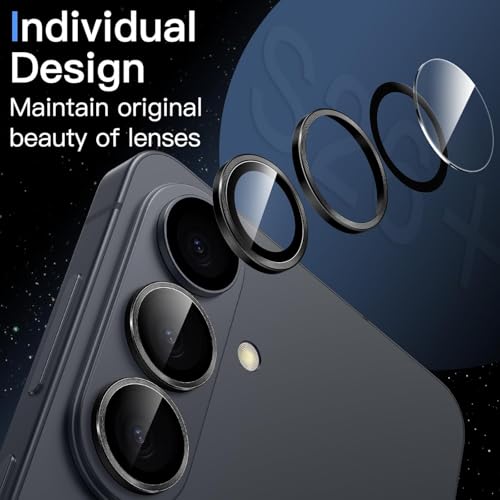 Image of FabeKee Camera Lens Protector for Samsung Galaxy S26, 9H Tempered Glass Metal Individual Ring Cover, HD Clear, 1 Set (Black)