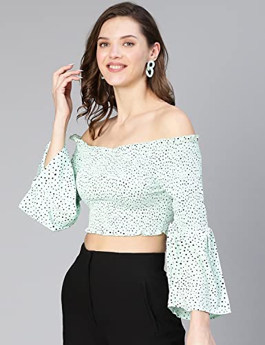 Image of oxolloxo Women Polyster Dot Print Smocked Off - Shoulder Top
