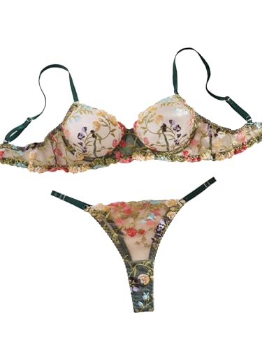 Image of Sexy Floral Embroidered Flower Mesh Underwire Push Up Lingerie Set