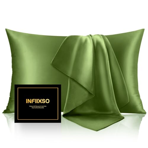 Image of INFIIXSO Mulberry Silk Pillowcase for Hair and Skin, Silk Pillow Cases Standard Size with Hidden Zipper 20x26 Inches, Ultra Smooth and Soft Cooling Pillow Cases for Hot Sleepers(Cedar Green, 1 Pack)