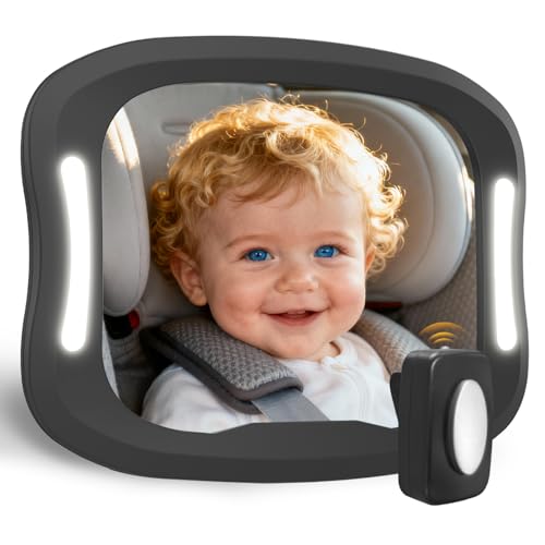 Plantureco Baby Car Mirror with LED Light & Remote Control - Night Vision Rear Facing Car Seat Mirror Adjustable Shatterproof Safety Mirrors for Backseat Infant Universal Fit for Cars SUVs (Black)