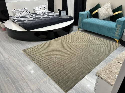 Image of Hand Tufted Modern Design Exported Collection High Low Pattern Wool Carpet for Living Room, Bedroom & Hall (Olive, 15 x 20 Feet)