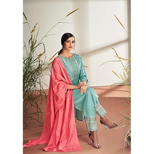 Blå rosa festival festkläder indisk kvinna ren chinnon siden rak broderad punjabi byxa kostym 2367