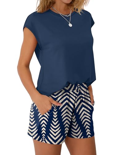 Image of WIHOLL Two Piece Sets for Women Summer Crew Neck Lounge Short Sets Cap Sleeve Drawstring Sweatsuit with Pocket