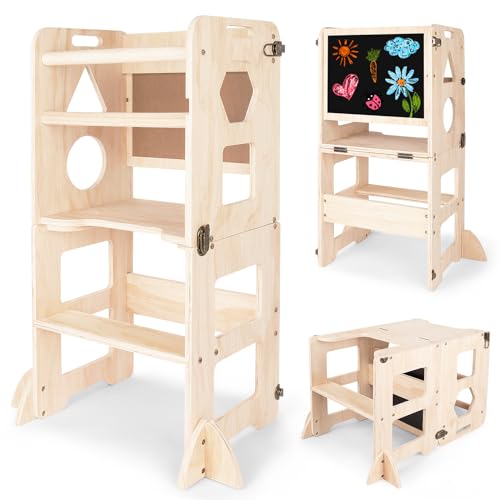 Image of 4-IN-1 Toddler Kitchen Step Stool, Foldable Learning Standing Tower with Blackboard, Wooden Kitchen Stool Helper for Kids, 1-3 Year Old Boy Girl Gifts