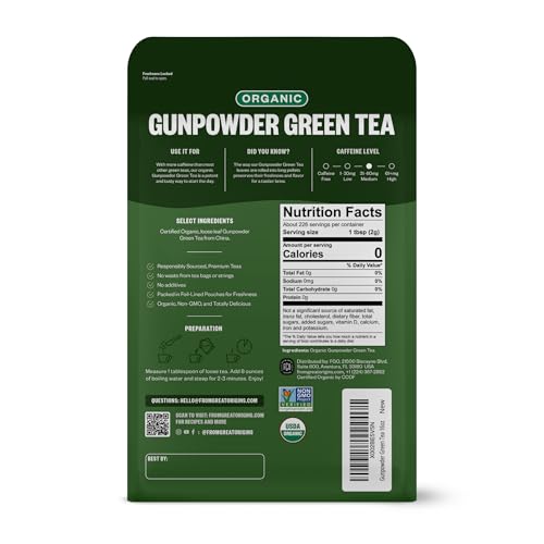Image of FGO Organic Gunpowder Green Tea, Loose Leaf, 453g Bulk Resealable Bag, Packaging May Vary (Pack of 1)