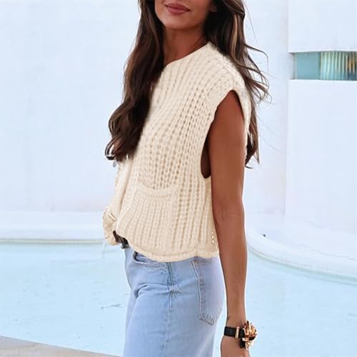 Image of Ainangua Sleeveless Cropped Cardigan for Women Casual Chunky Knit Tank Tops Button Down Open Front Sweater Vest with Pockets